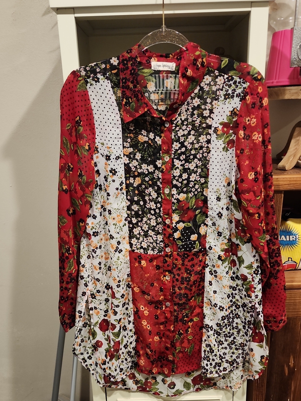 Floral Patchwork Button-Front Women's Blouse - Red Multi
